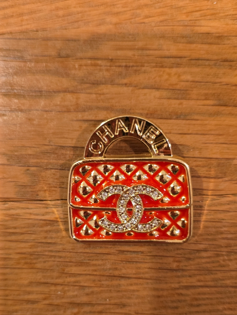 Red Enamel Quilted CC Crystal Brooch with Gold-Tone Trim (Stamped) - Picture 2 of 5